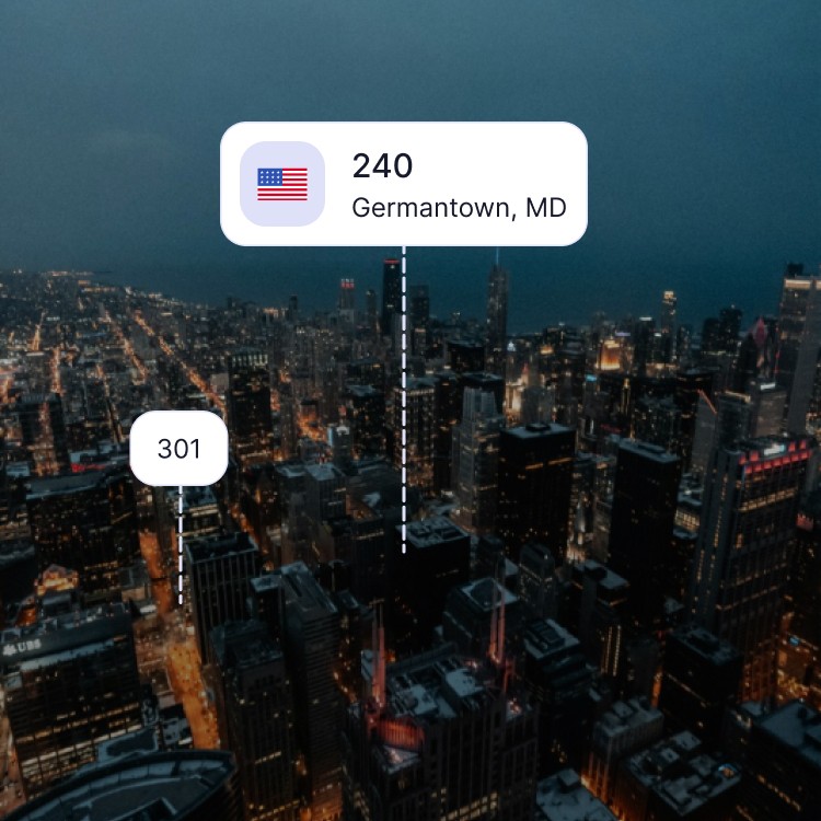 City skyline of Germantown showing the 240 area code and surrounding area codes