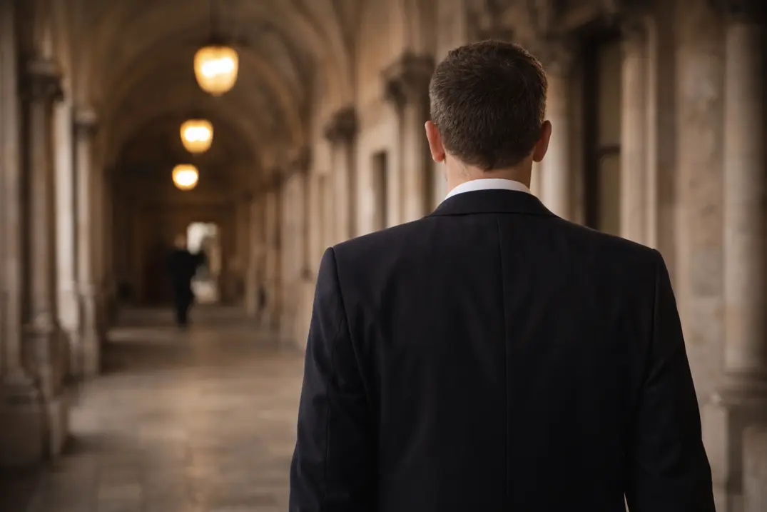Man in a suit walking down a grand stone corridor, viewed from behind, suggesting a professional legal setting
