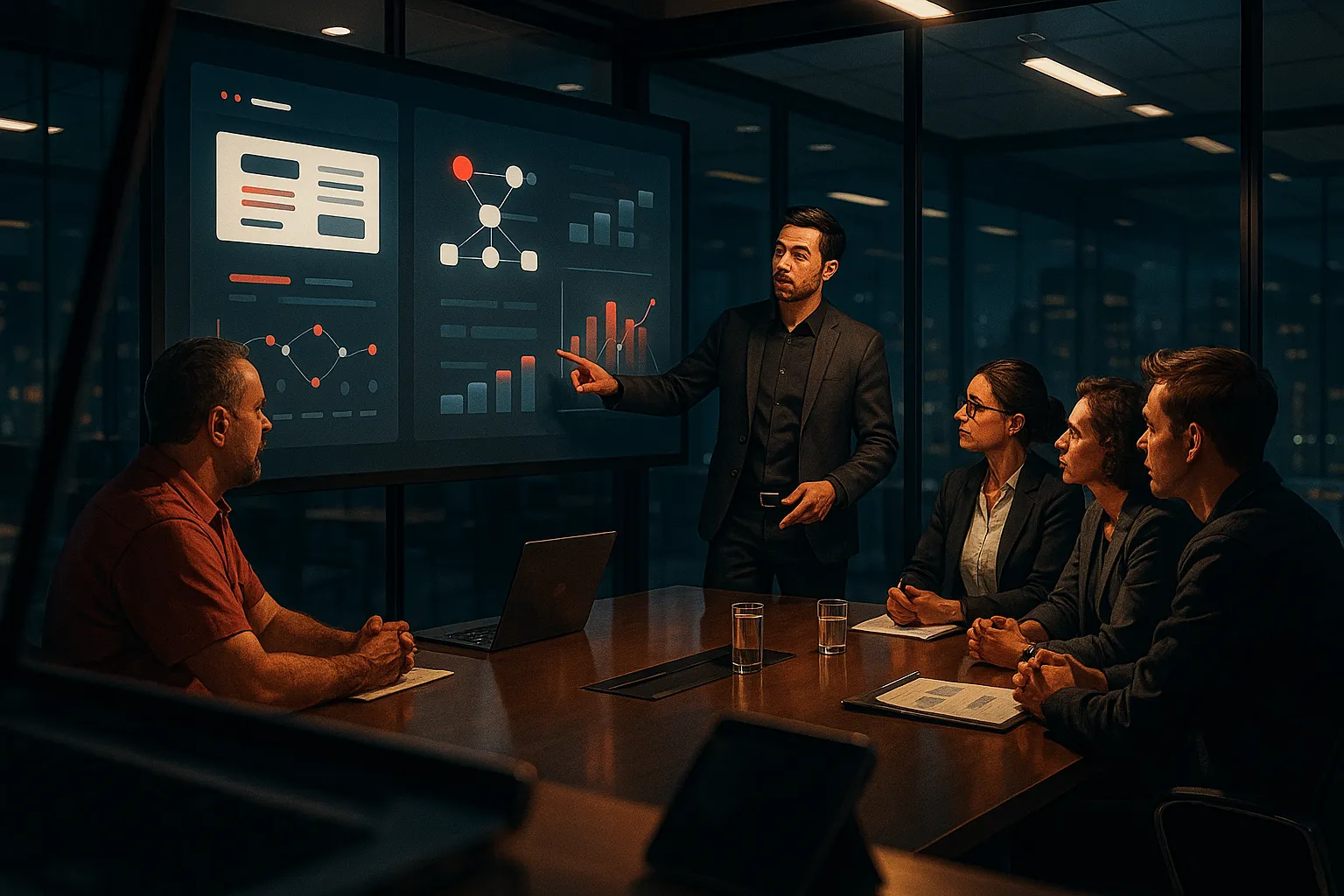 Team meeting at RockN' Socials, a digital marketing agency, analyzing data.