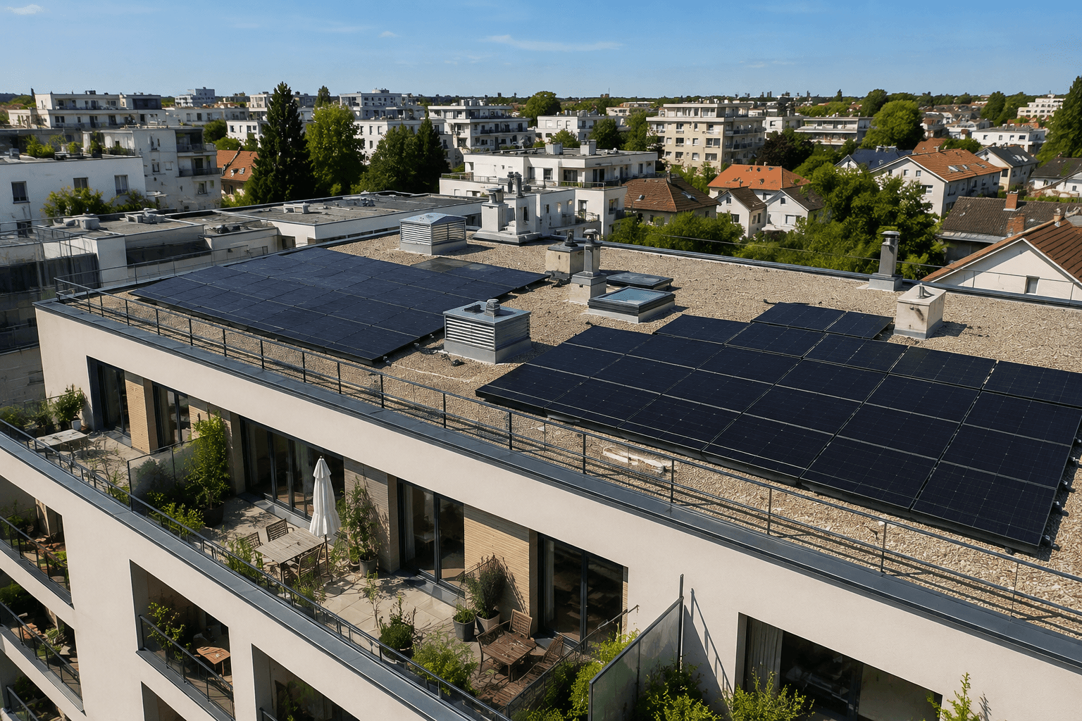 photo d'un toit d'une copropriété avec des panneaux solaires