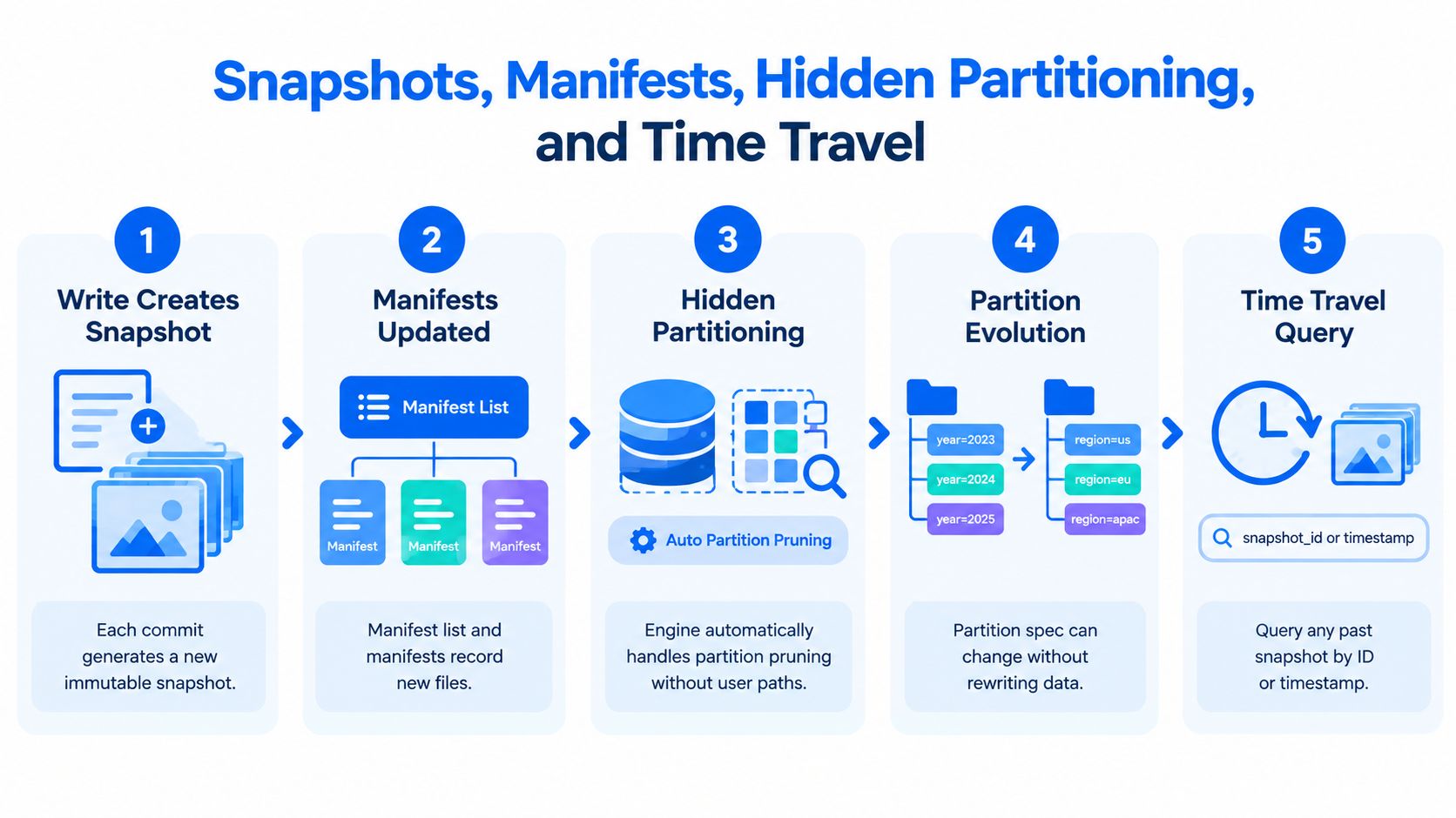 A diagram illustrating the Apache Iceberg open table format process, including snapshots, manifests, partitioning, and time travel.