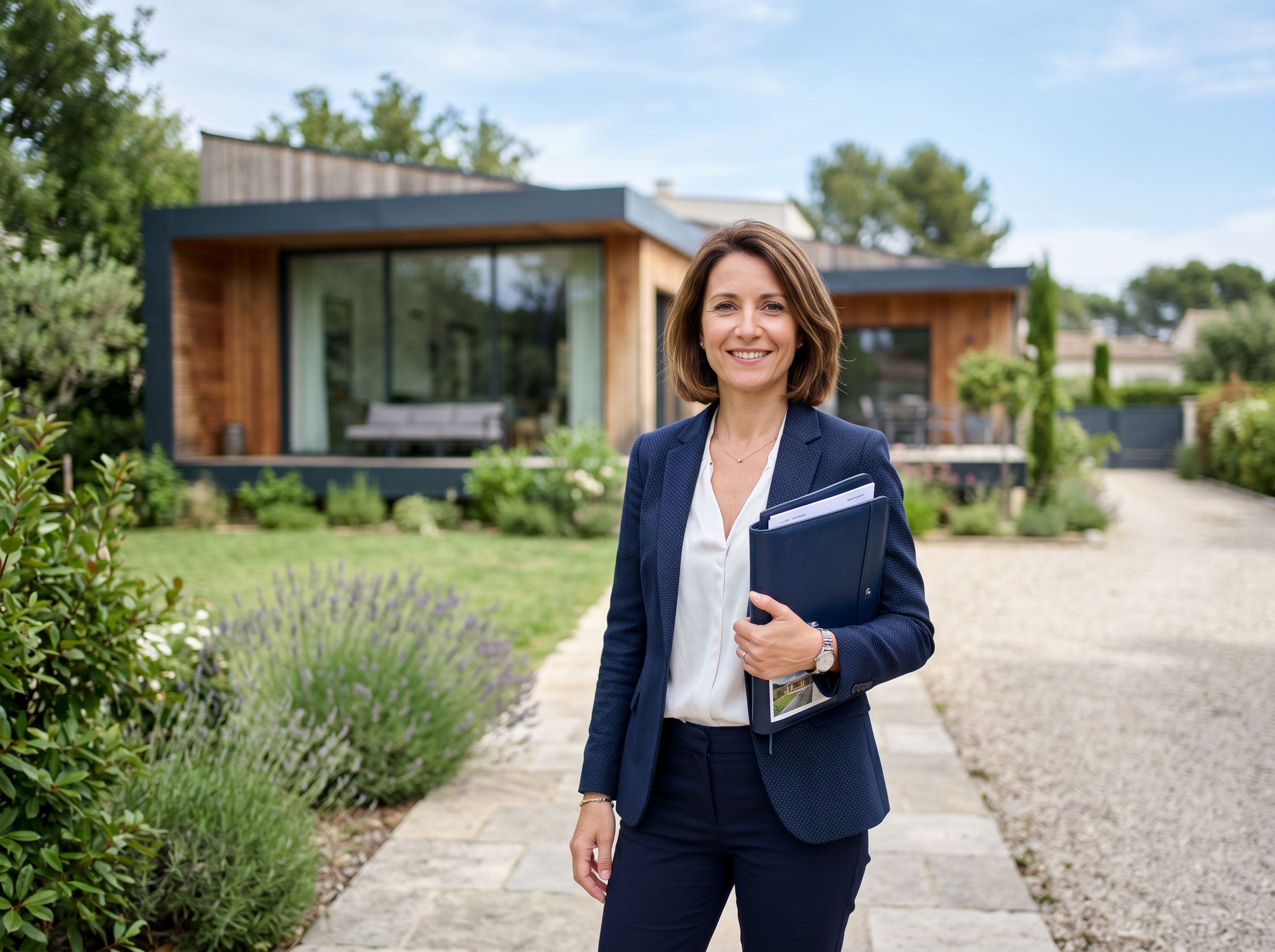 Agente immobilière devant une maison illustrant le télésecrétariat pour les services immobiliers