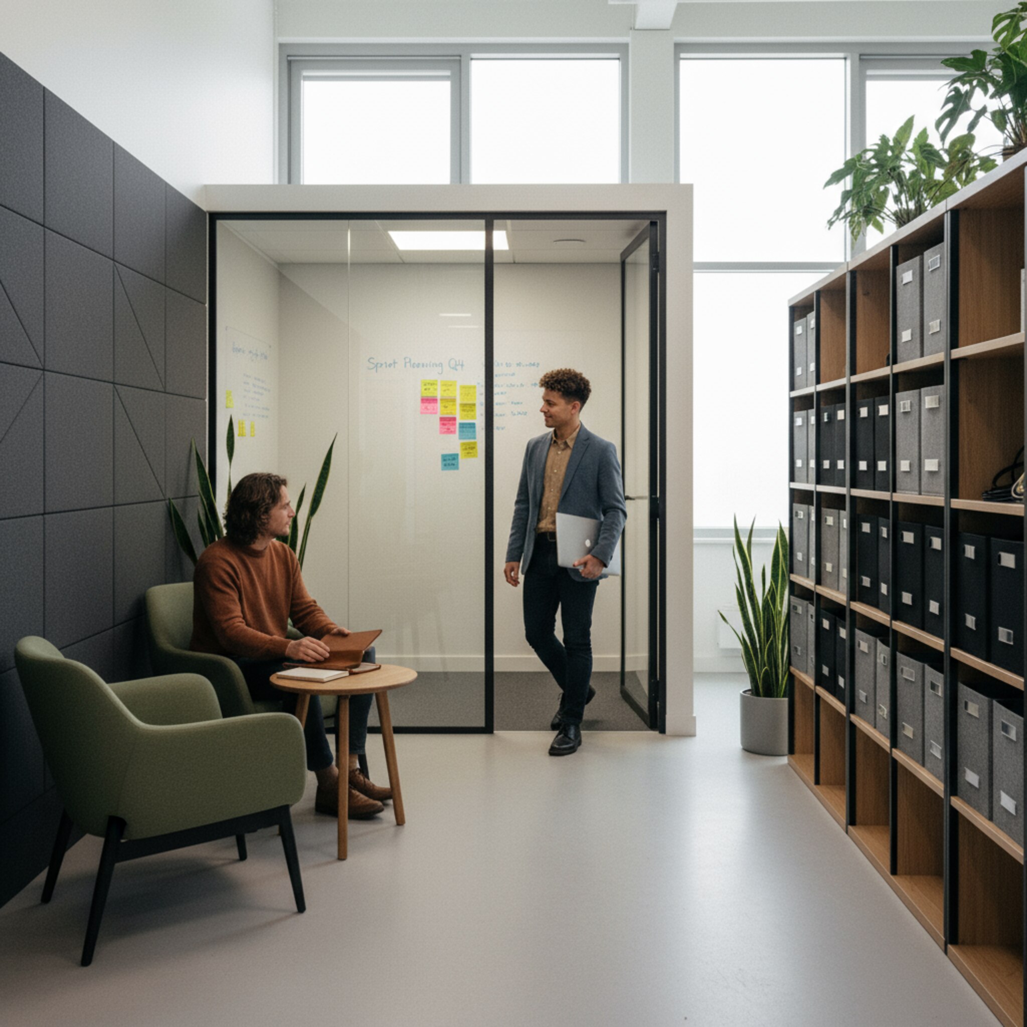 Ein ruhiger Arbeitsbereich mit wechselnden Zonen: Fokusnischen, ein kleiner Projektraum und ein gut beschrifteter Stauraum. Zwei Personen verabreden sich stumm mit Blickkontakt und verteilen sich auf Raum und Nische. Die Umgebung wirkt harmonisch, flexibel und gut organisiert.