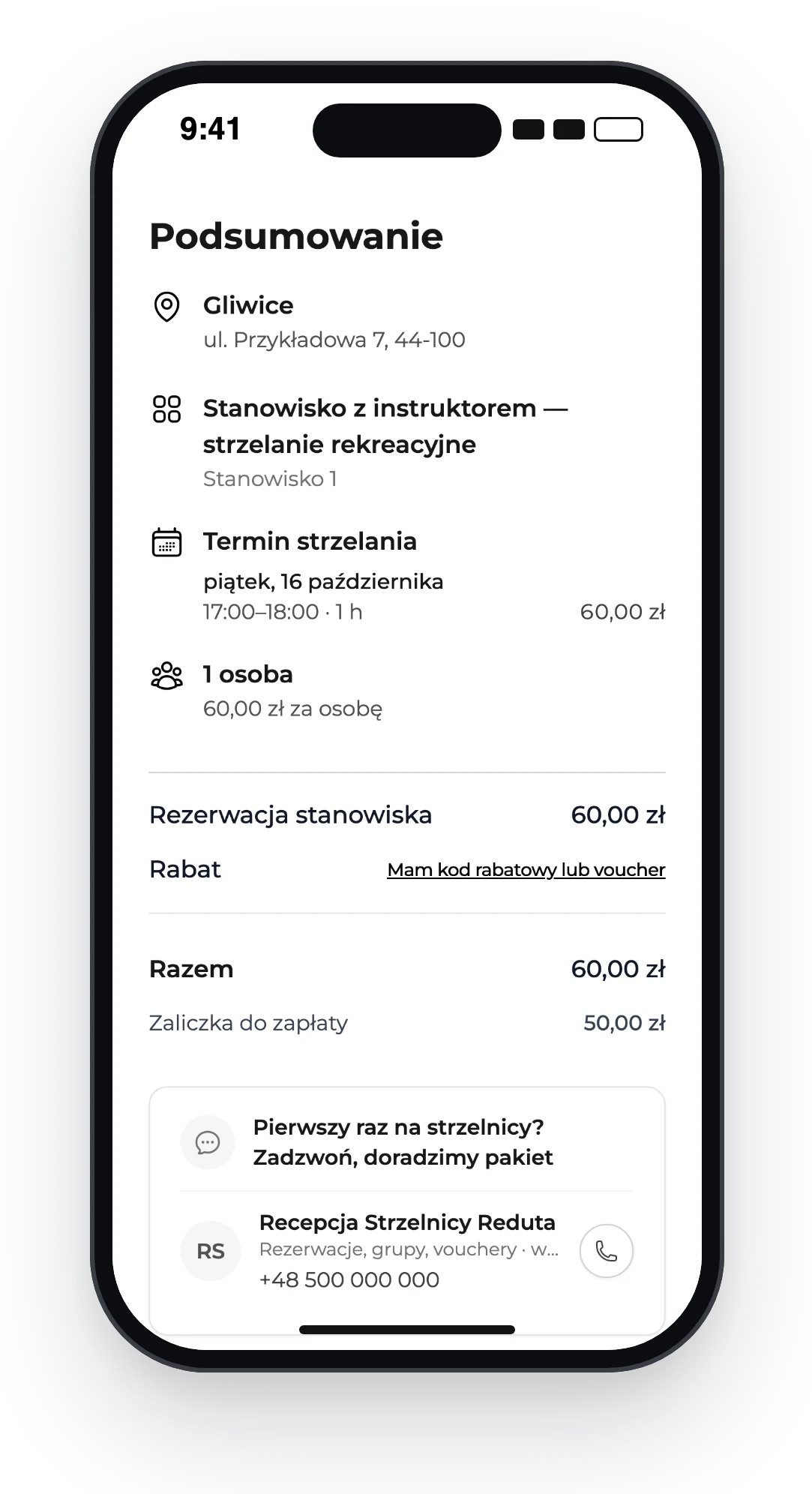 Telefon z podsumowaniem rezerwacji stanowiska i zaliczką do zapłaty
