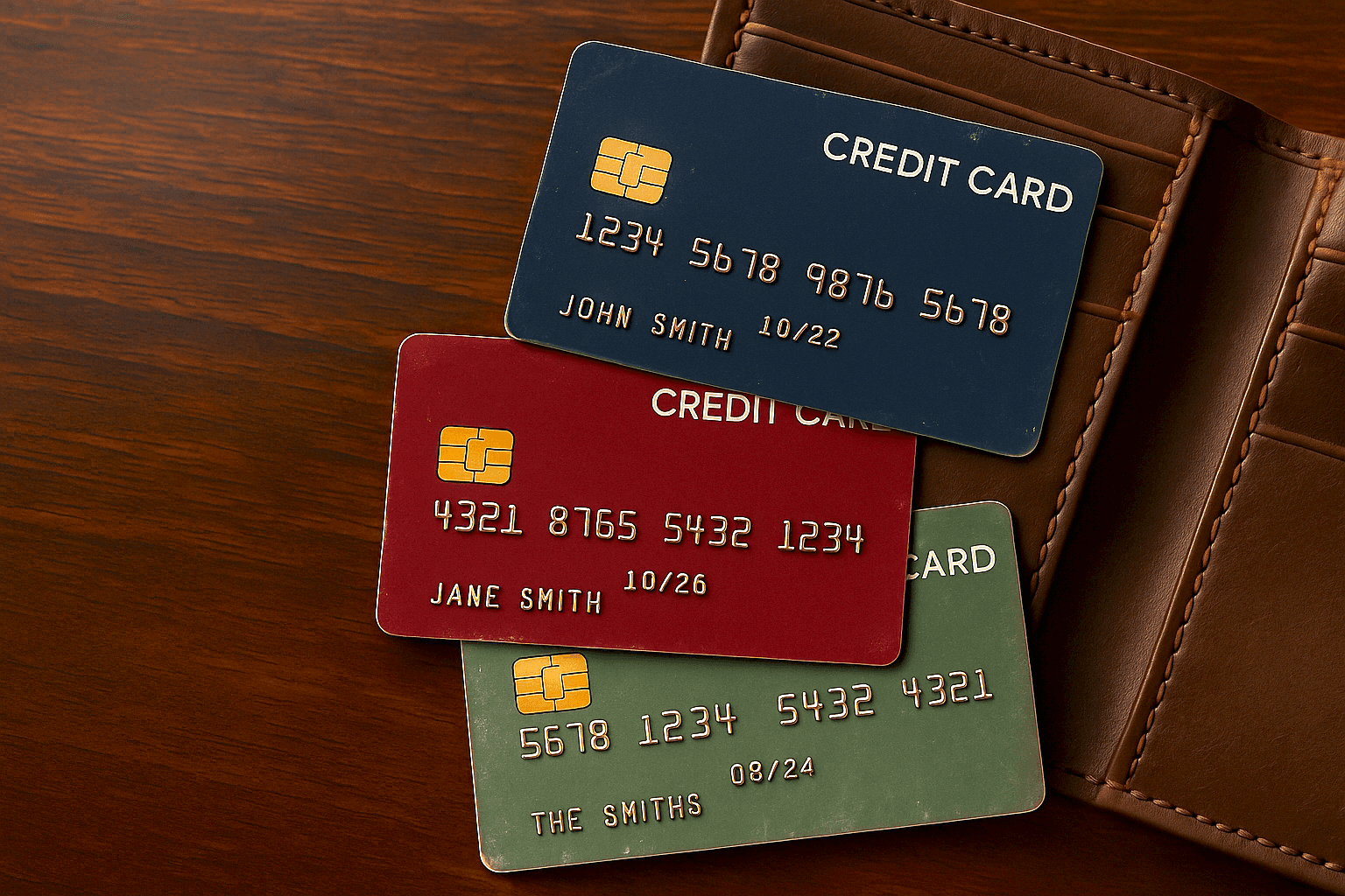 Three credit cards with different names, suggesting shared yet individual financial identities for a married couple.