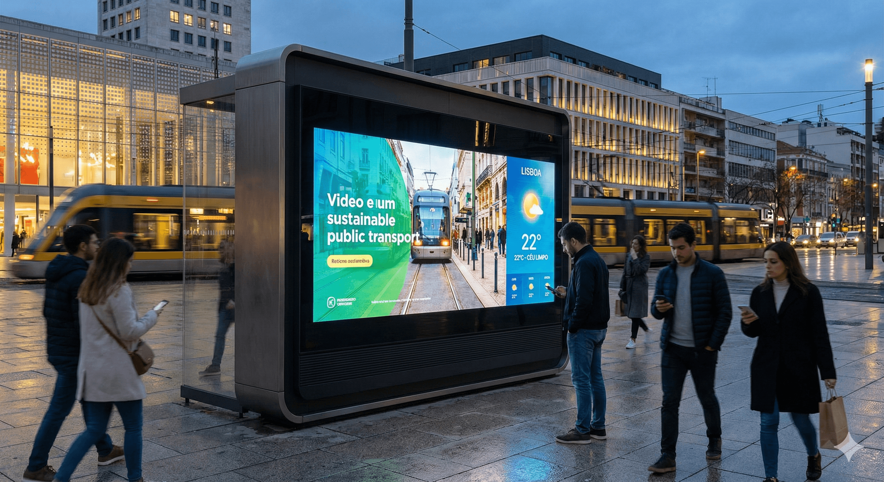 Mupi digital exterior de alta tecnologia integrado numa praça de uma Smart City moderna ao crepúsculo, exibindo publicidade dinâmica e informações meteorológicas em tempo real num ecrã LED de alto brilho.