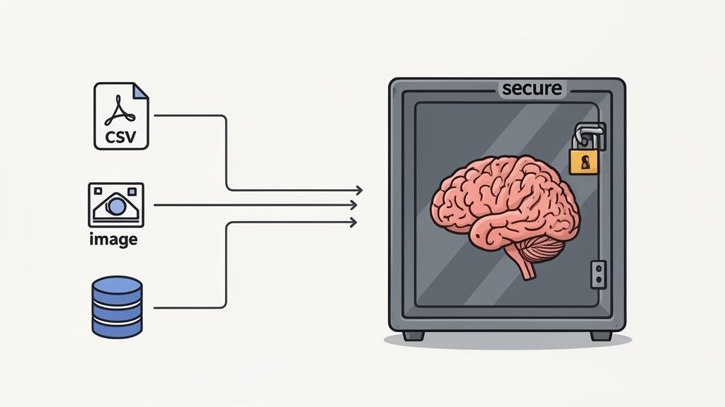 Data from CSV, images, and databases flows securely into a locked safe containing a human brain.