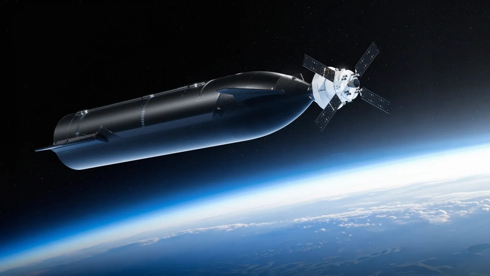 A sleek, black spacecraft with solar panels orbits above the Earth's atmosphere, showcasing the vastness of space against a dark sky.