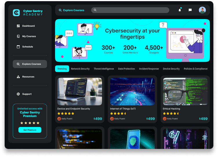 Landing page for the Cyber Sentry Academy, showing illustrations and an approachable learning curriculum