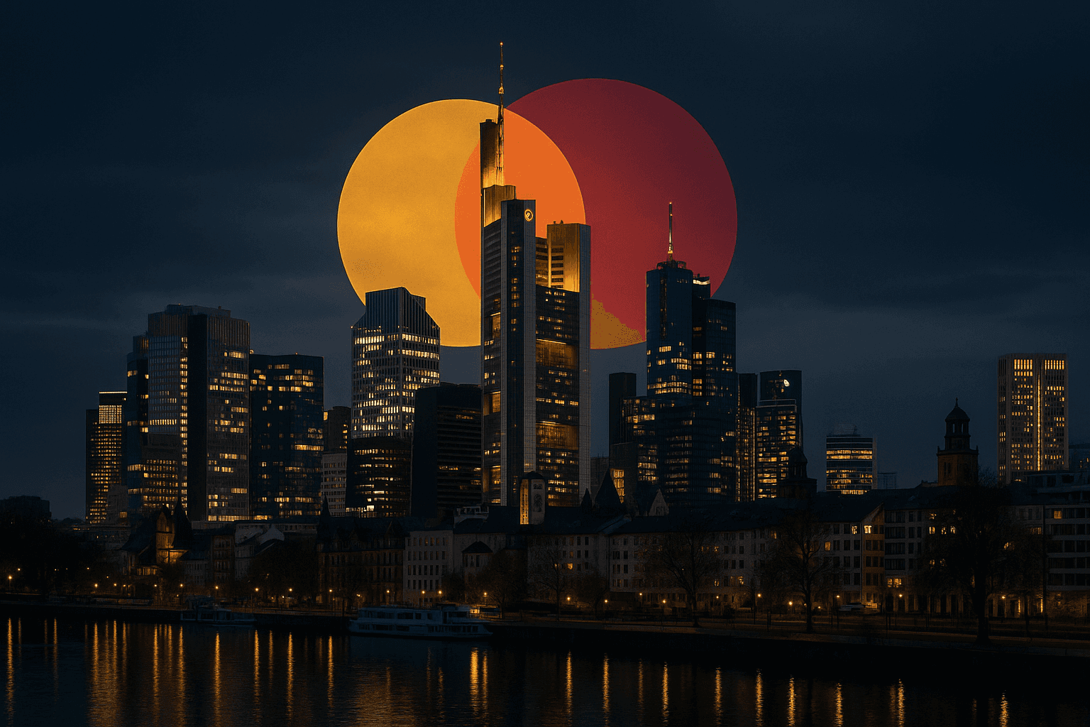 Frankfurter Bankenviertel mit Commerzbank-Tower in der Abenddämmerung, darüber gelber und roter Farbkreis als Fusionssymbol