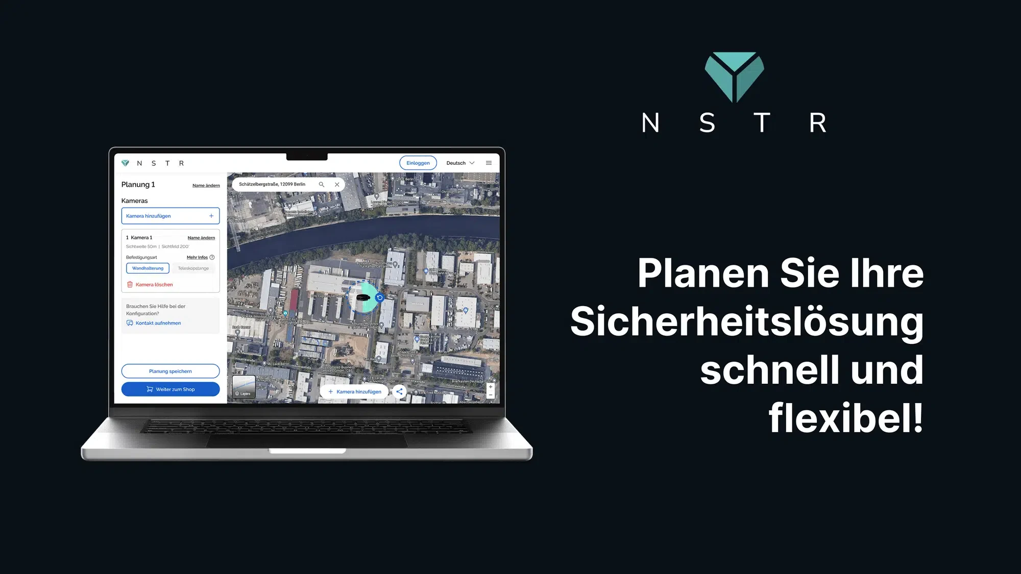 Laptop-Bildschirm zeigt eine Kartenvorschau (Satellitenansicht eines Industriegebiets) und eine Benutzeroberfläche zur Planung von Sicherheitslösungen (NSTR-Software). Der begleitende Text lautet: "Planen Sie Ihre Sicherheitslösung schnell und flexibel!