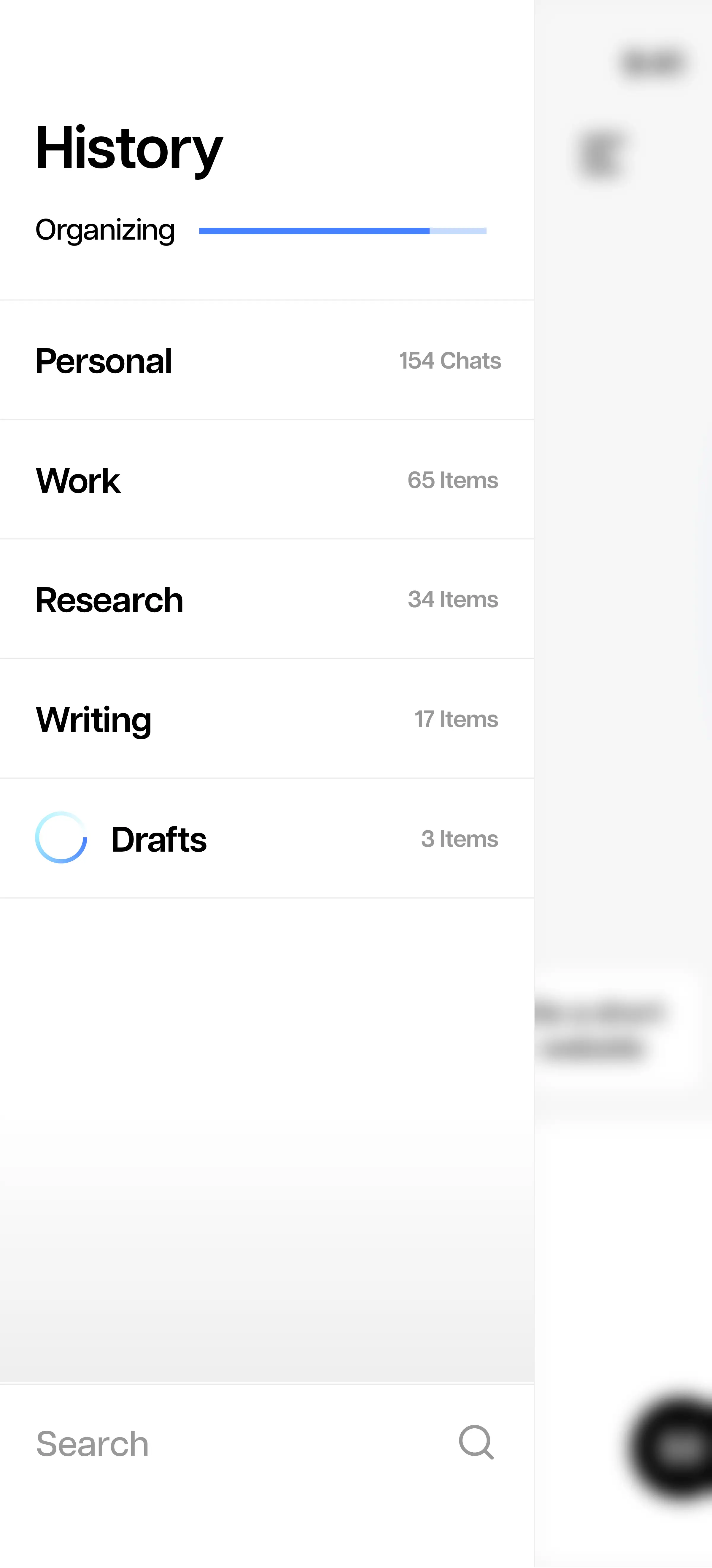 History menu showing categories like Personal, Work, Research, Writing, and Drafts with item counts and a search bar at the bottom.