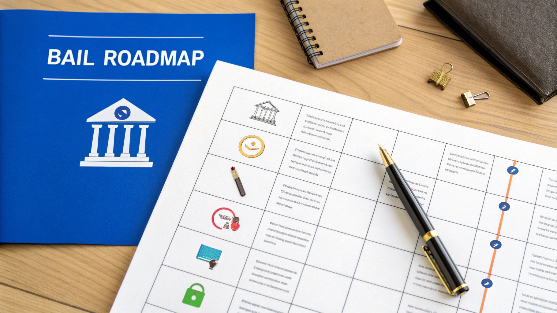 A blue 'BAIL ROADMAP' folder next to a legal document with a timeline and icons.