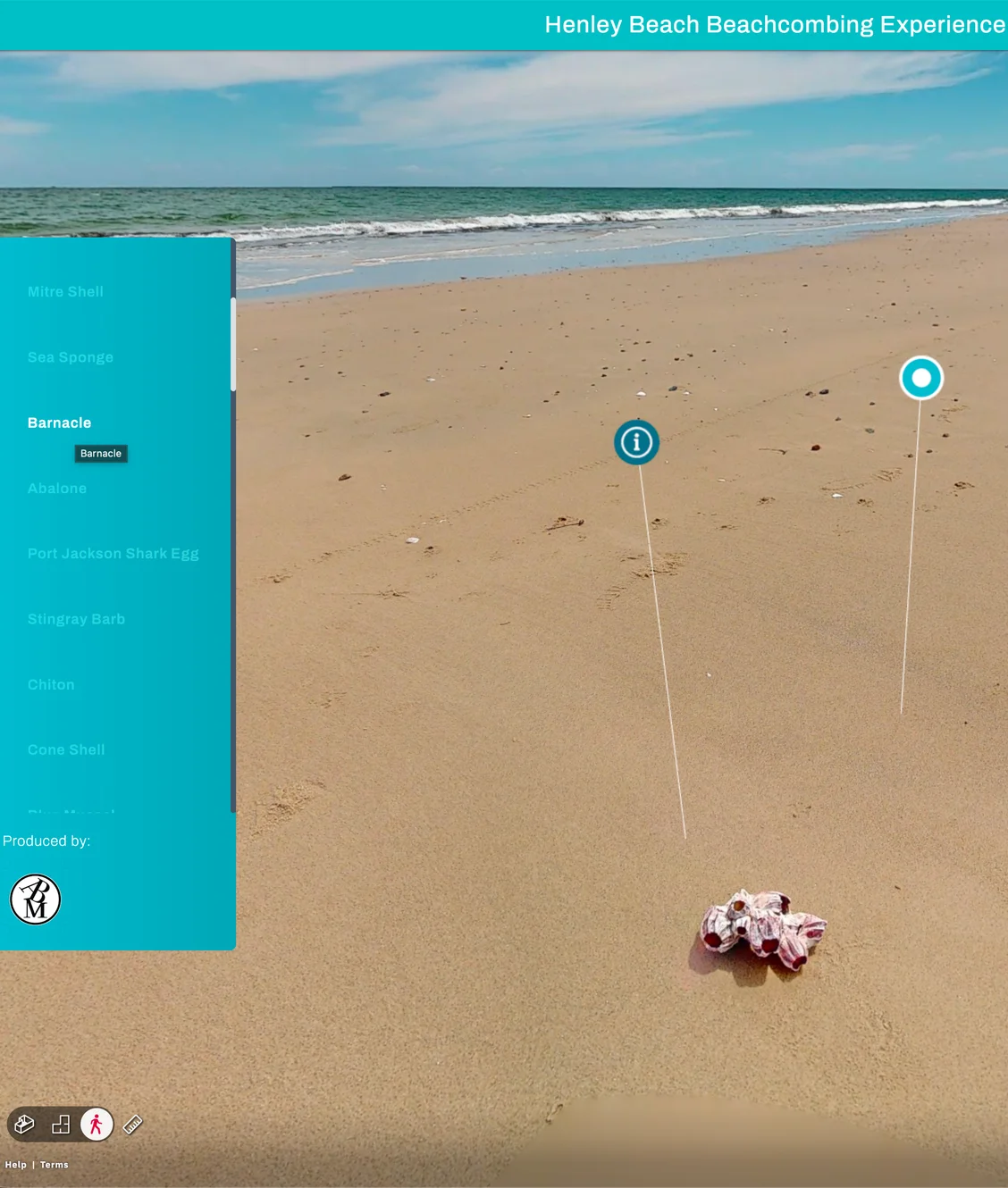 A 3D digital twin of Henley Beach featuring interactive educational tags, engineered by ABM visual to create safe experiential training environments for the Marine Discovery Centre.