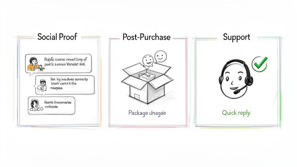 A sketch illustrating key stages of the customer experience journey: social proof, post-purchase, and support.