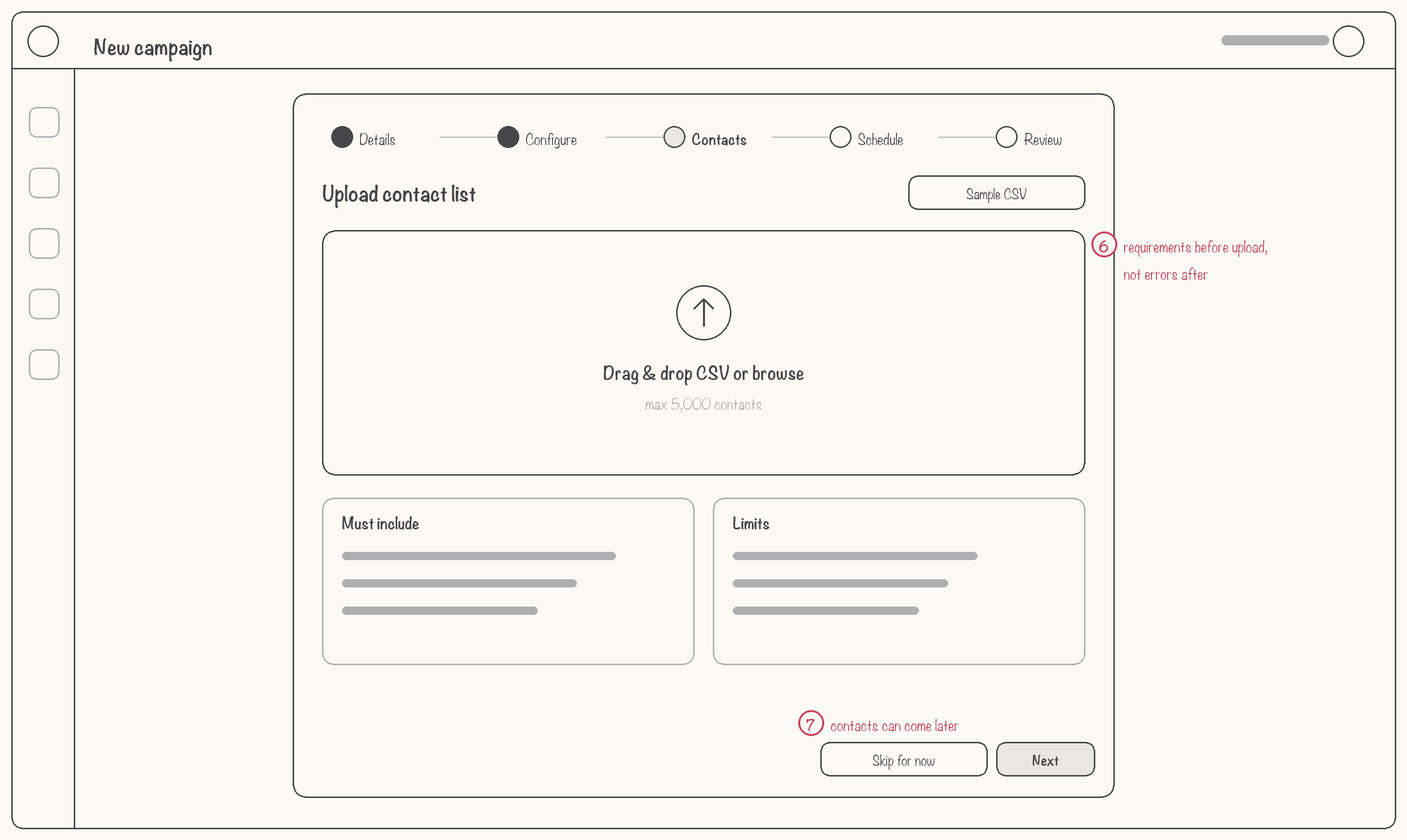 Contacts — rules and a sample CSV before upload; the step can be skipped and done later.