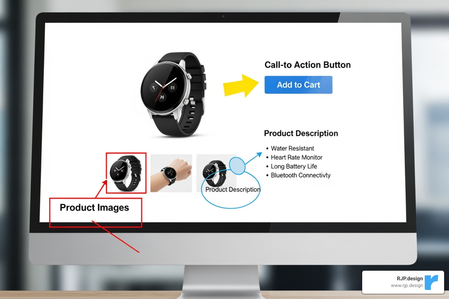 Product page with callouts on CTA, images, and description - eCommerce website A/B testing