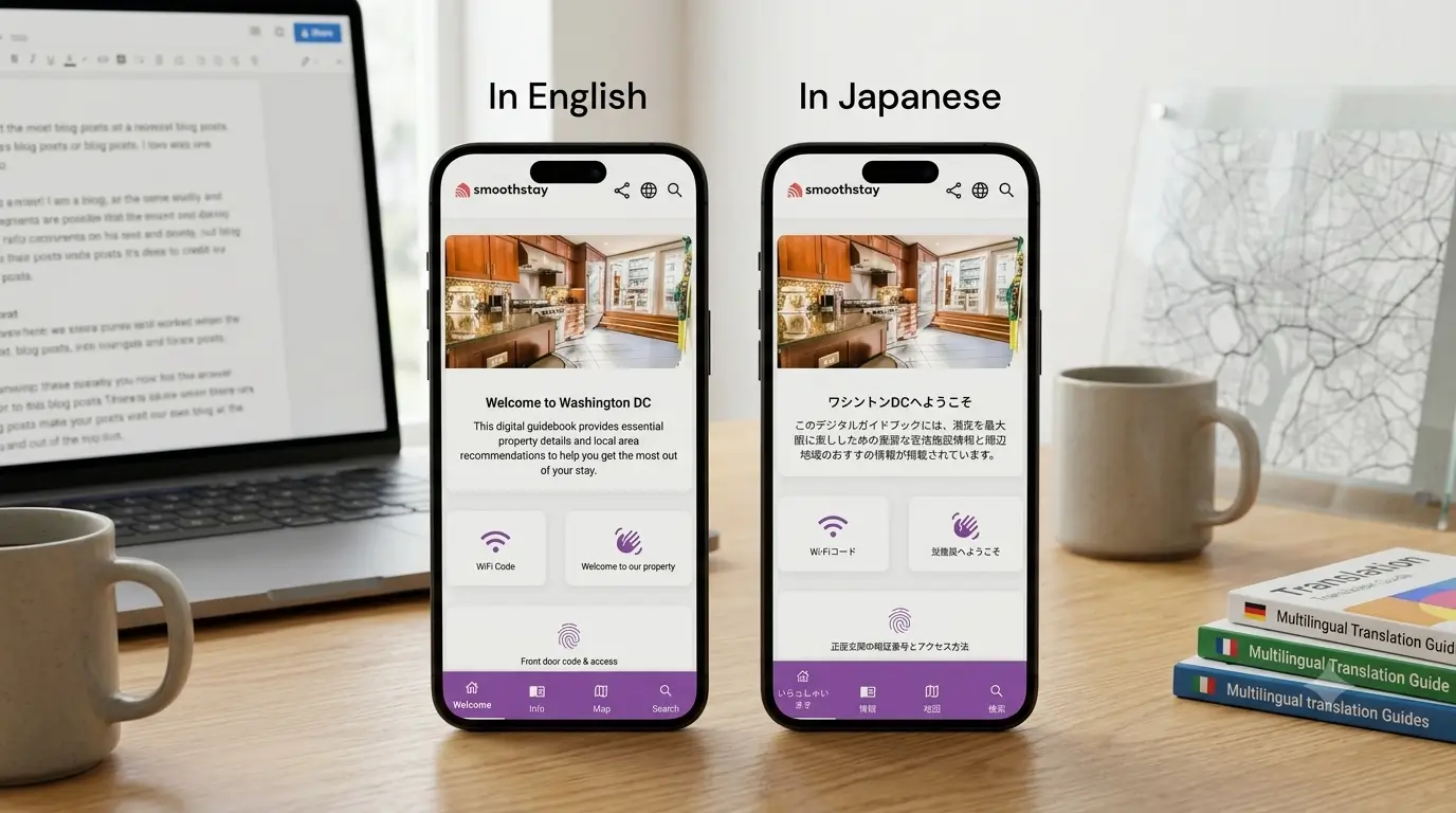 Dos guías digitales de SmoothStay una al lado de la otra, en inglés y traducida al japonés