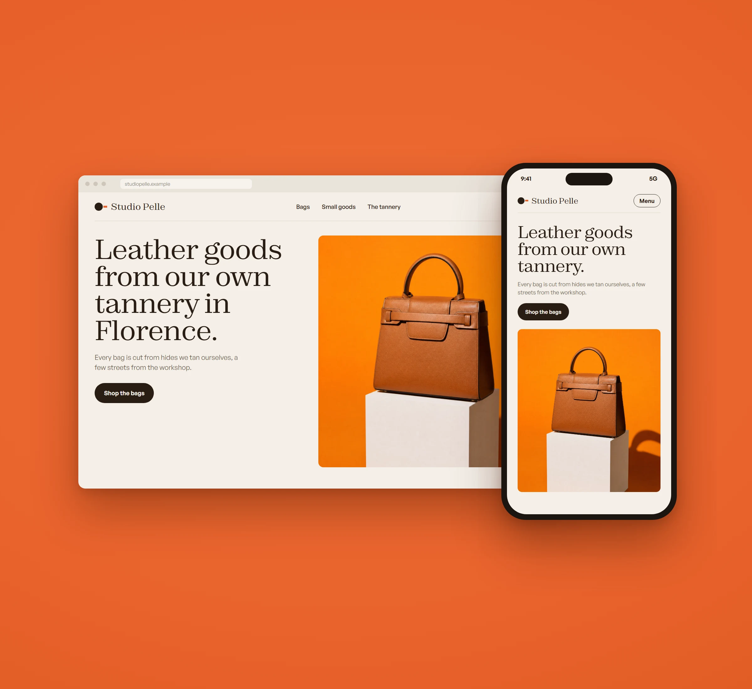 Studio Pelle online shop on a desktop browser and a phone, on orange