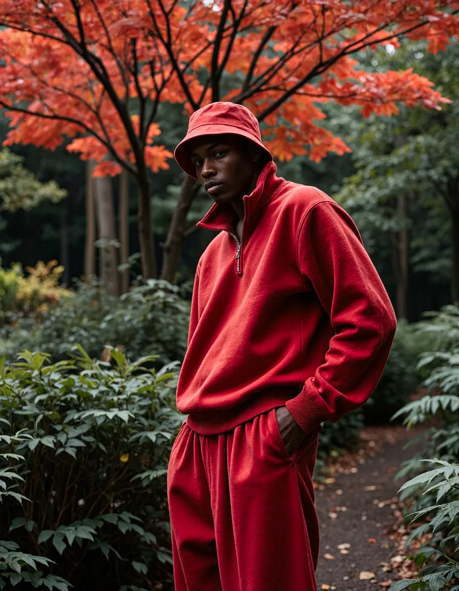 Person in red streetwear outfit and bucket hat poses among autumn trees with vibrant red foliage
