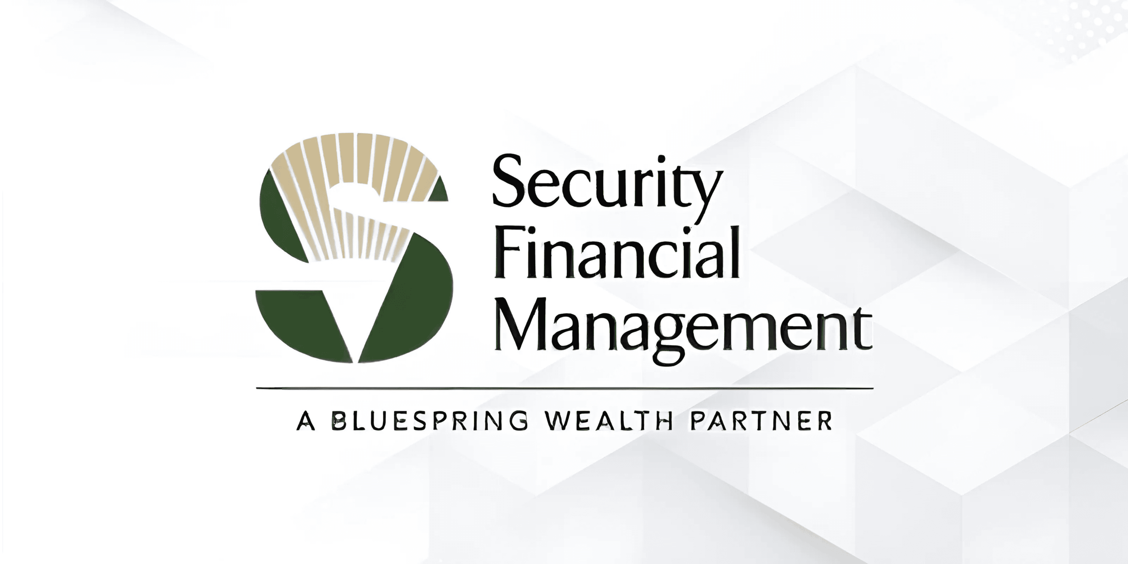 logo for "Security Financial Management," with the tagline "A Bluespring Wealth Partner." The logo features a stylized letter "S" with lines that evoke a sense of growth or financial stability, accompanied by a clean, modern font for the company name. The color palette includes green and gold hues