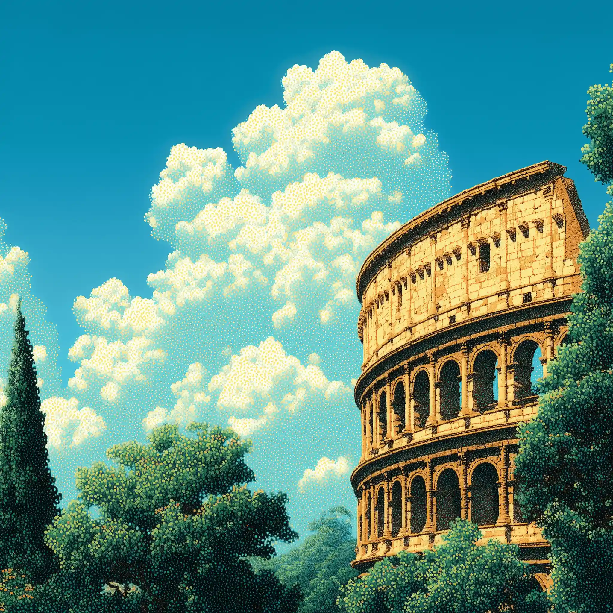 Illustration en pixel art du Colisée romain encadré par des arbres luxuriants sous un ciel bleu nuageux.