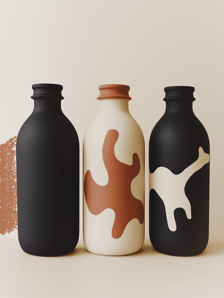 Three modern matte bottles with abstract designs in black, cream, and terracotta tones, arranged against a neutral background.