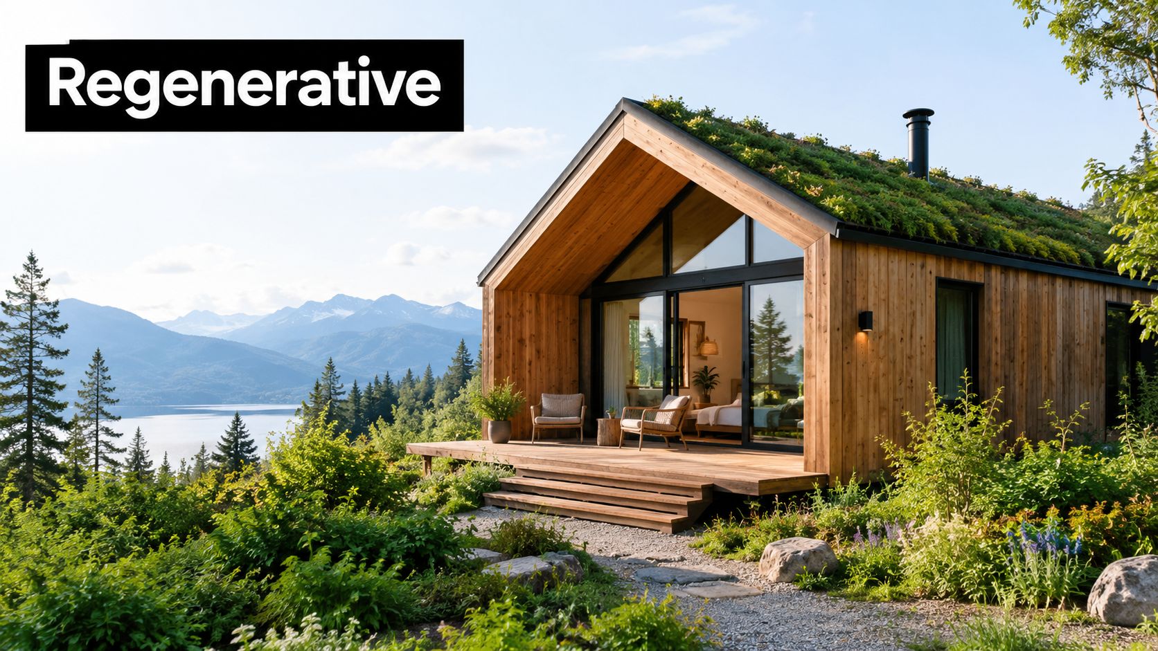 A sustainable wooden cabin with a living roof overlooking a scenic lake and mountain landscape at sunset.