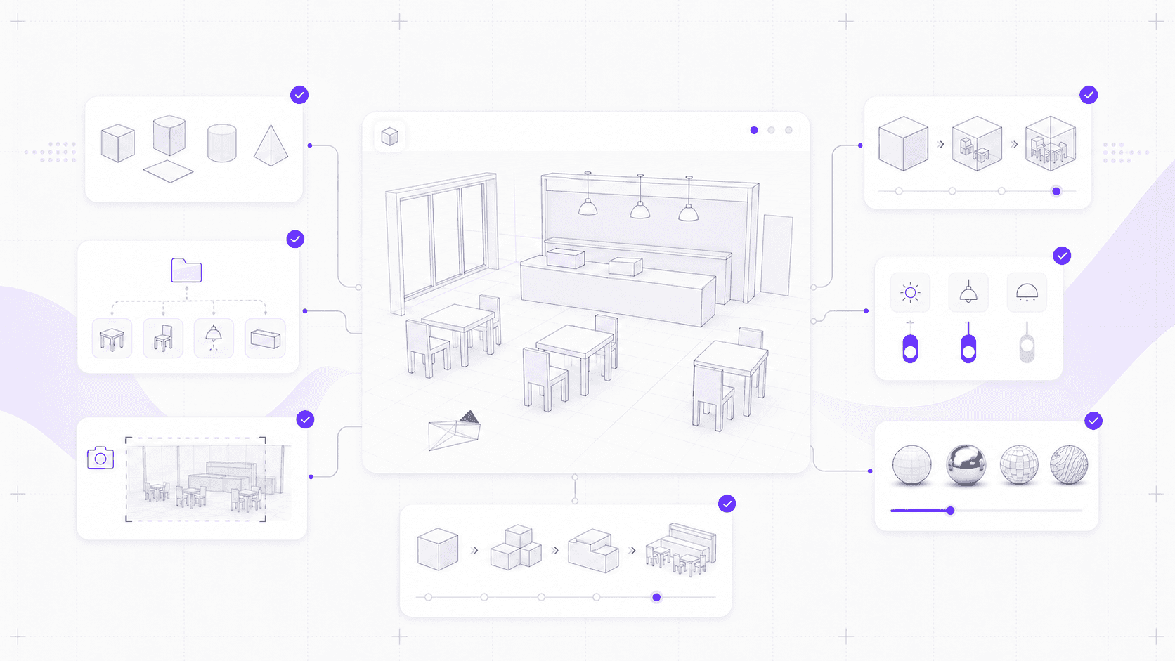 Blender MCP scene blocking workflow with a wireframe coffee shop layout, primitive objects, lighting controls, and material panels.