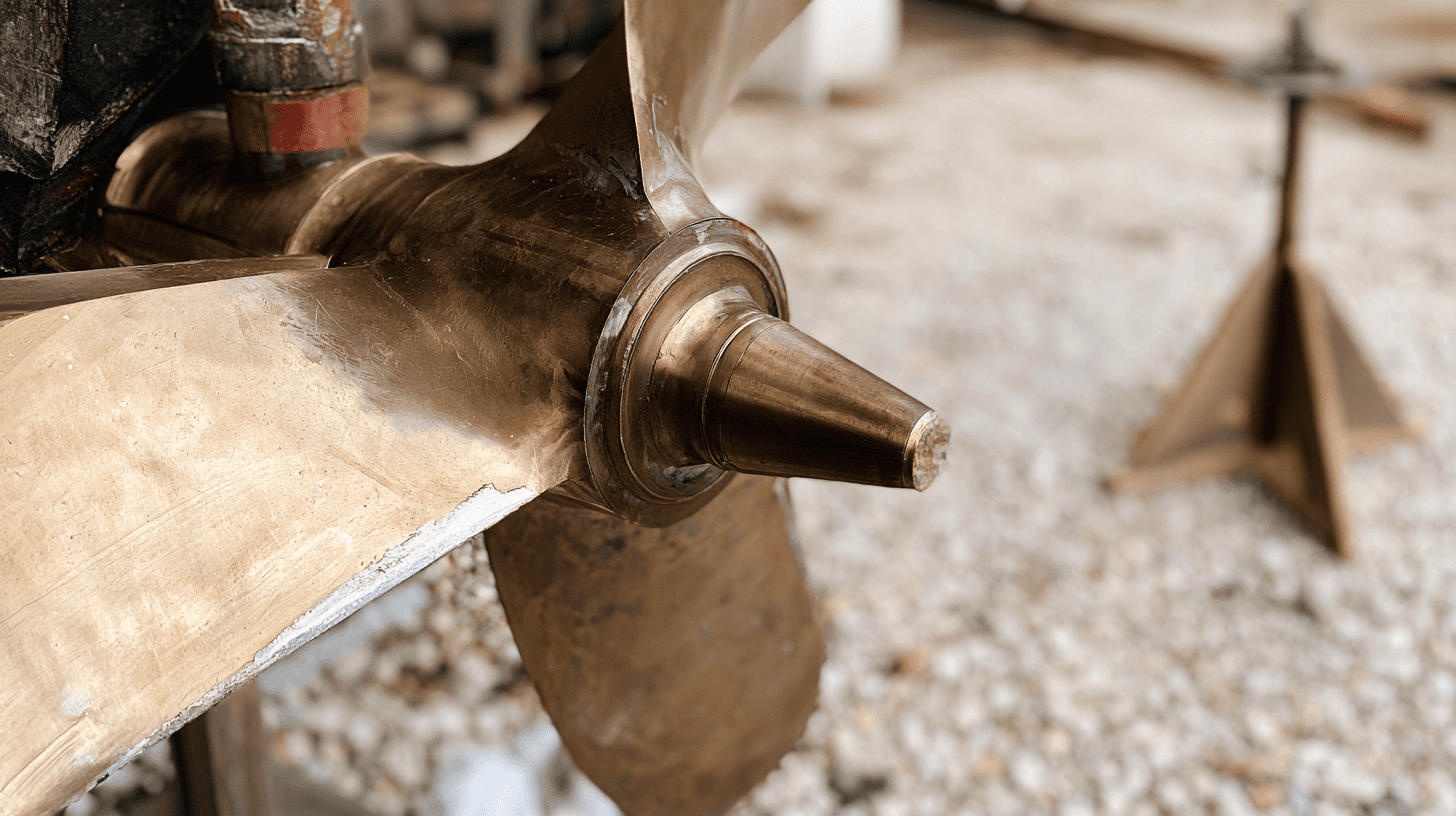 Close-up of a bronze propeller on a boat blocked on stands in a gravel boatyard