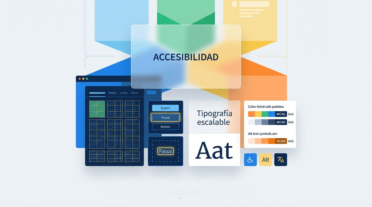 Diagrama sobre diseño universal que destaca los pilares de accesibilidad: tipografía escalable, texto alternativo y cumplimiento de contraste de color bajo el estándar WCAG AAA.