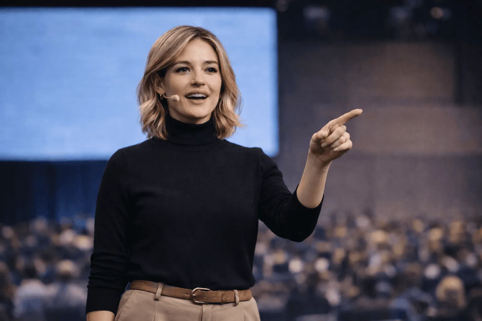 Woman in black turtleneck points enthusiastically on stage to audience