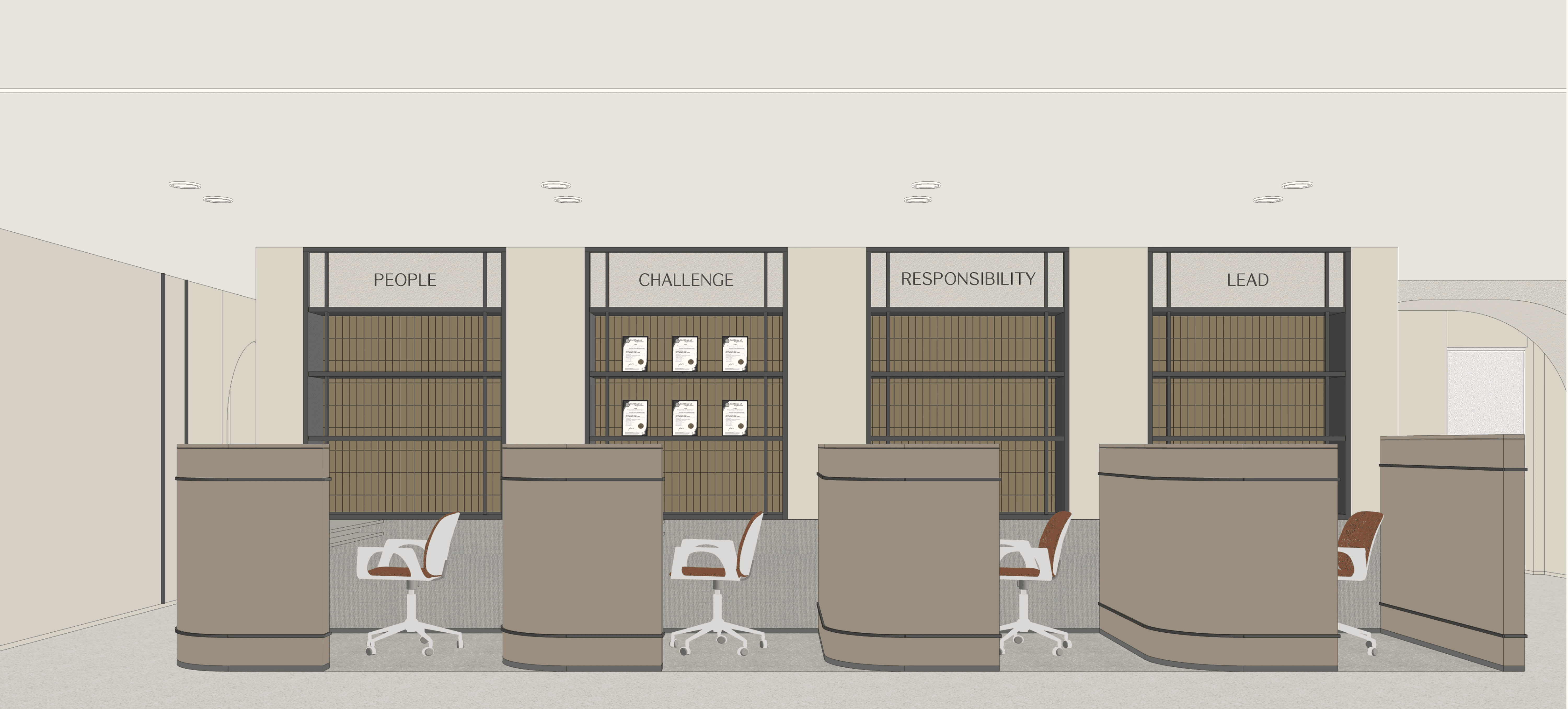 반벽 설계를 반영한 사무 공간 디자인 3D 시안