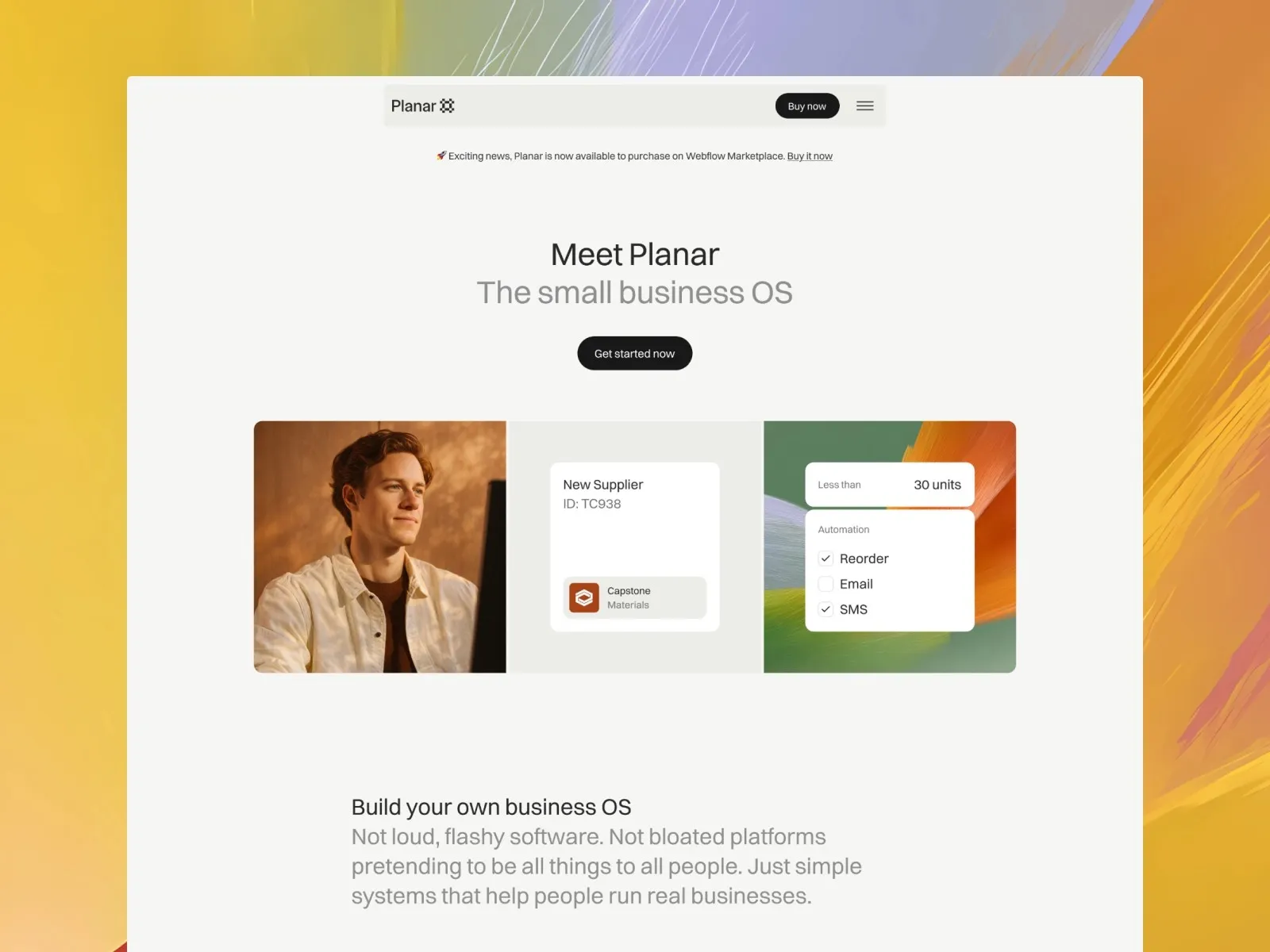 Webpage for Planar, a small business OS, with a get started button.