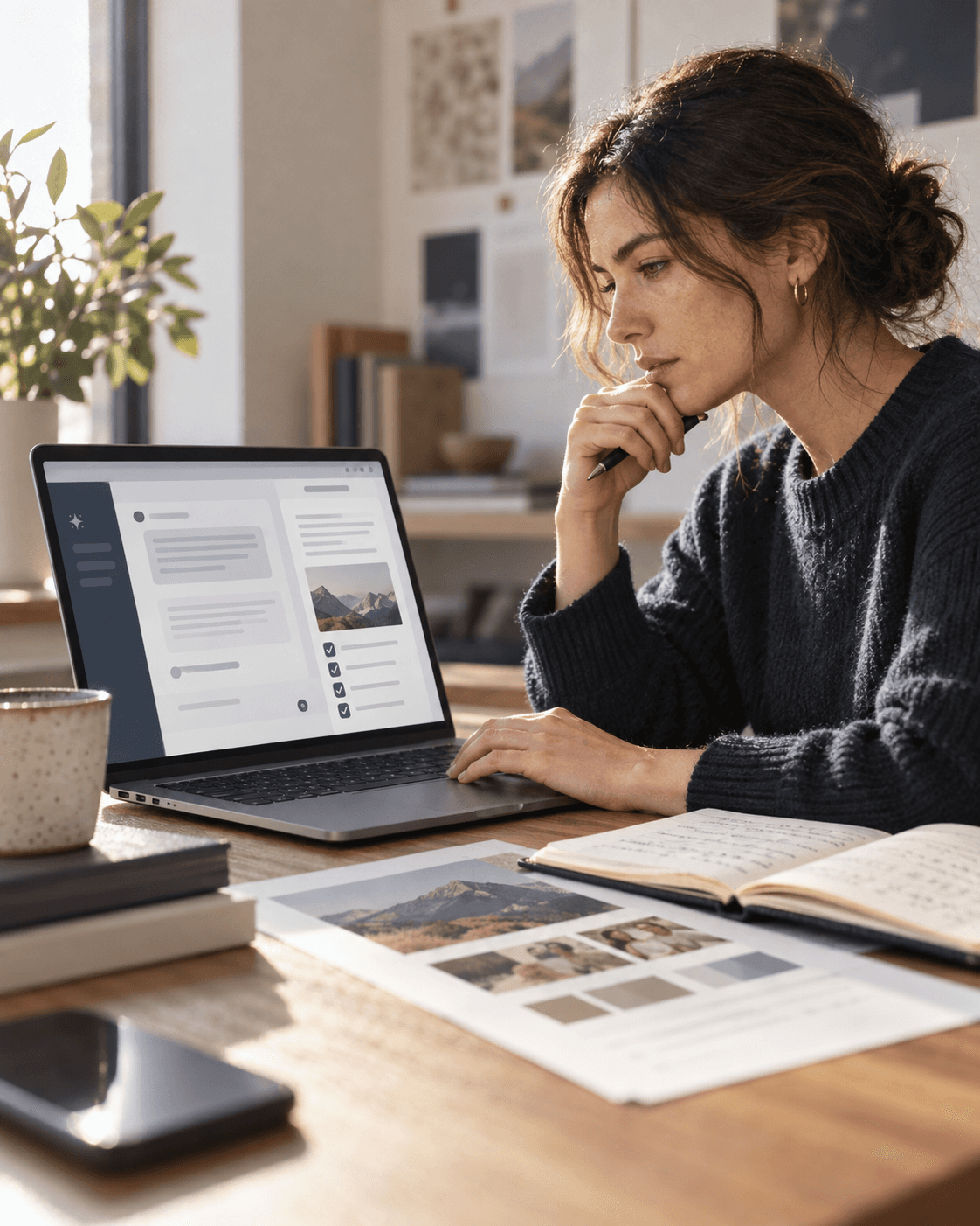 An employee comparing her laptop screen with printed reference material