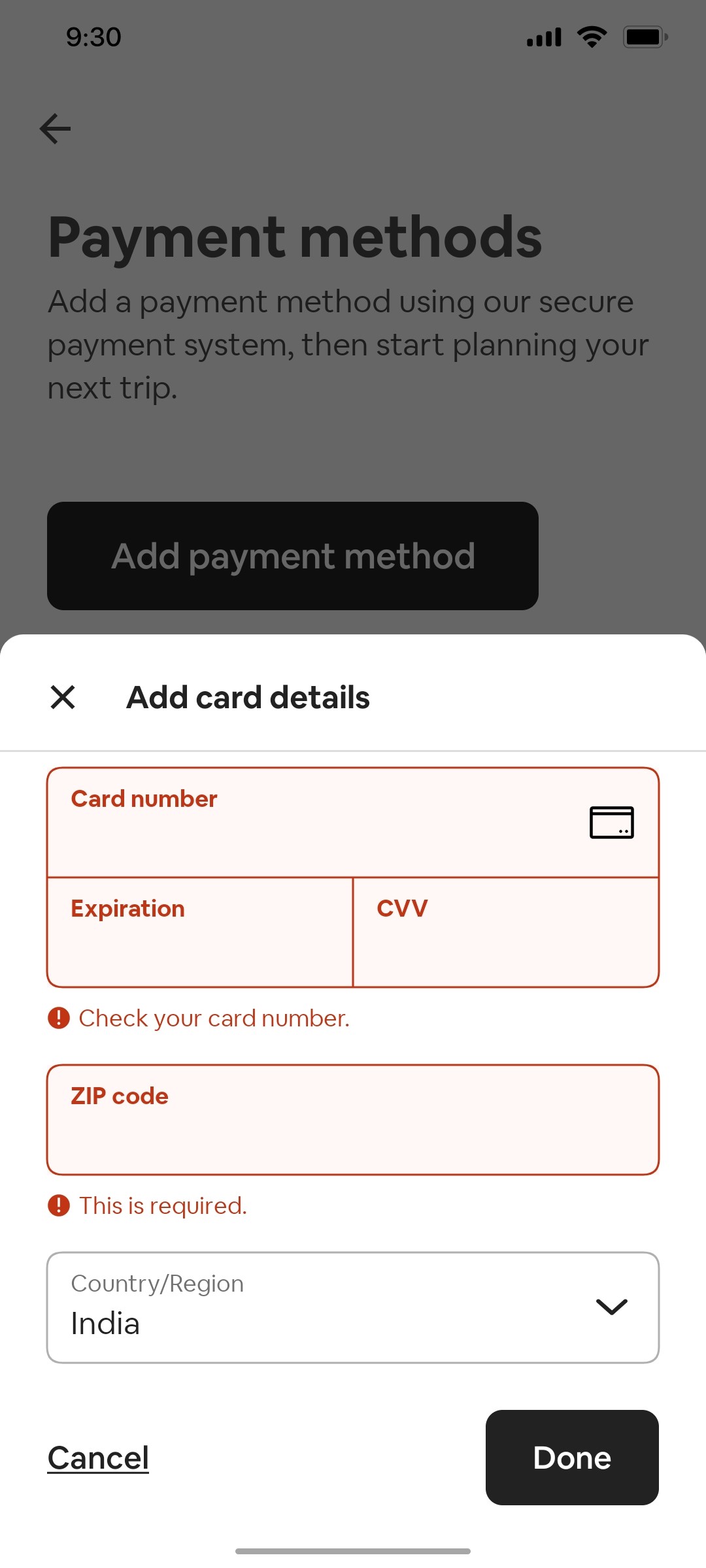 Airbnb Add card Details error screen