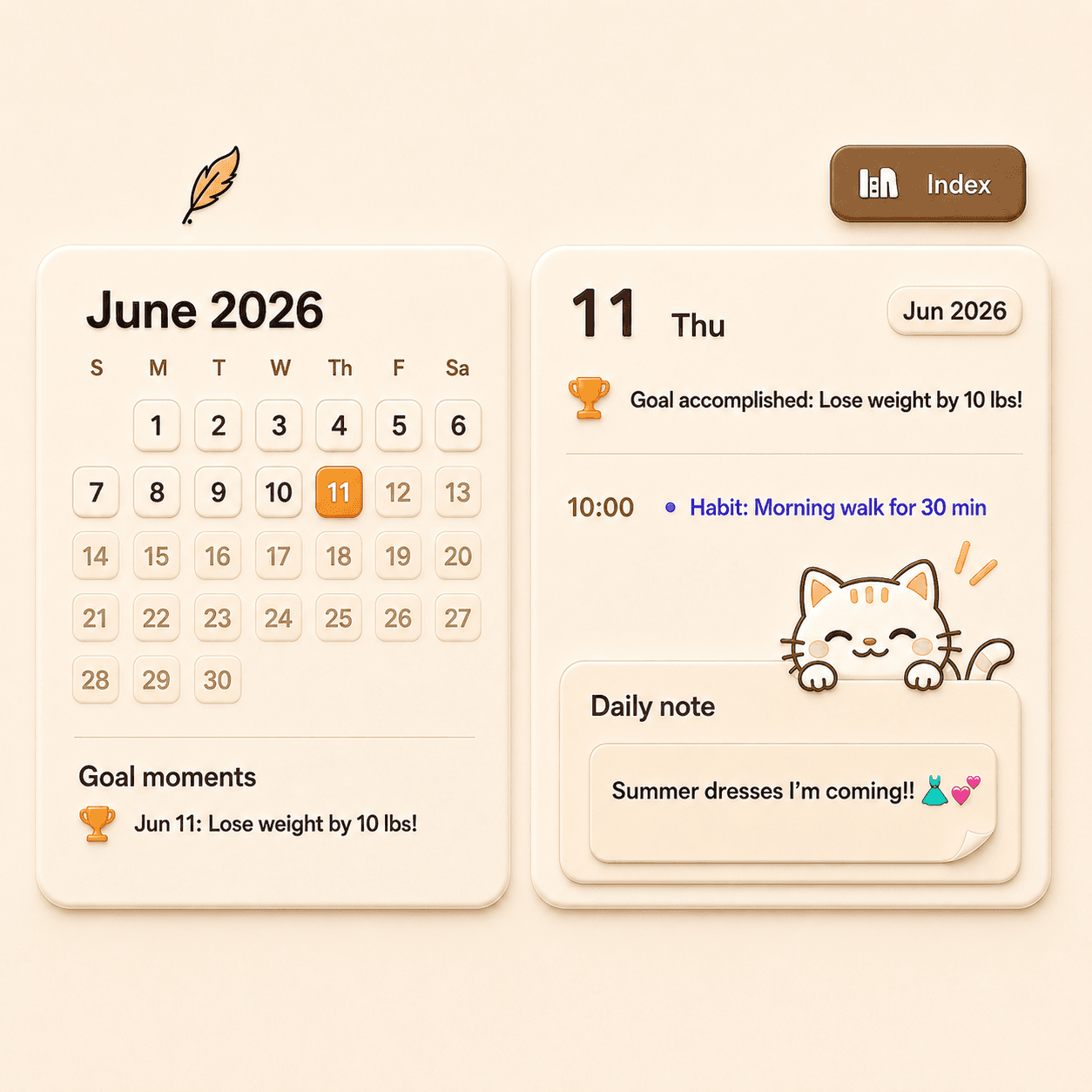 Today Techo journal app with calendar index, daily notes, goal milestones, habit tracking, and cute cat mascot for an all-in-one daily planner