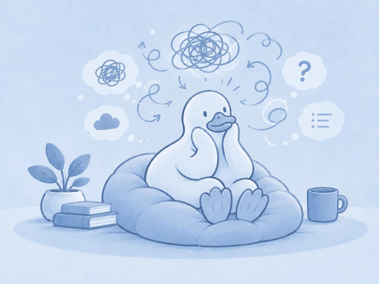 Quabble duck sitting thoughtfully on a cushion, surrounded by tangled thoughts, question marks, and swirling arrows in a calming blue illustration about overthinking.