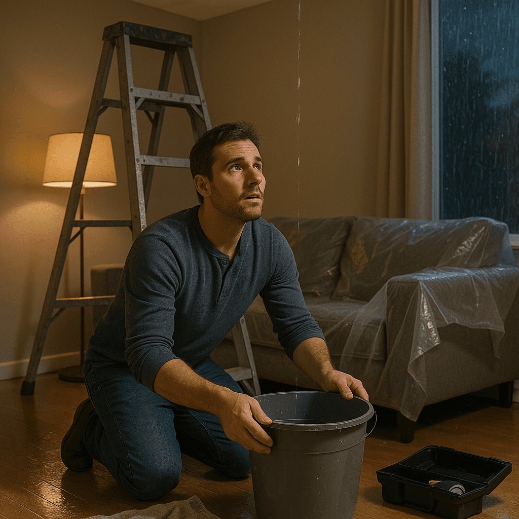 Homeowner placing bucket under roof leak during heavy rain in living room, using ladder, towels, and plastic covers for emergency roof leak repair before professional help arrives.