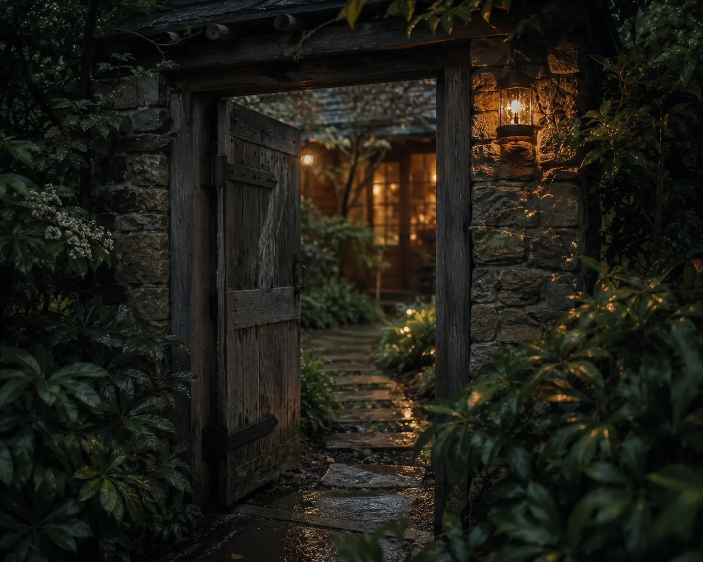 A weathered timber garden gate open onto a lantern-lit path after rain
