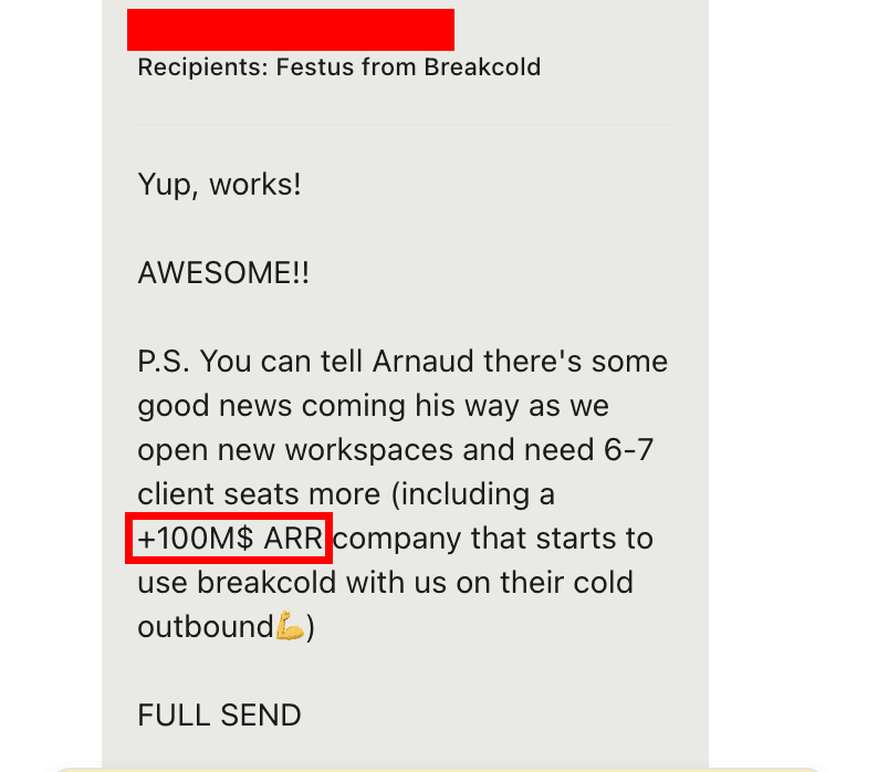 Forwarded email about a +100M ARR company using Breakcold for cold outbound, expanding seats