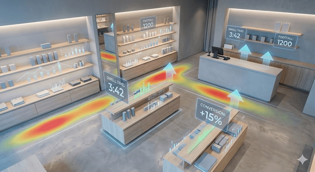 In-store heatmap analytics visualizing customer movement paths, dwell time, footfall analysis, and retail conversion optimization