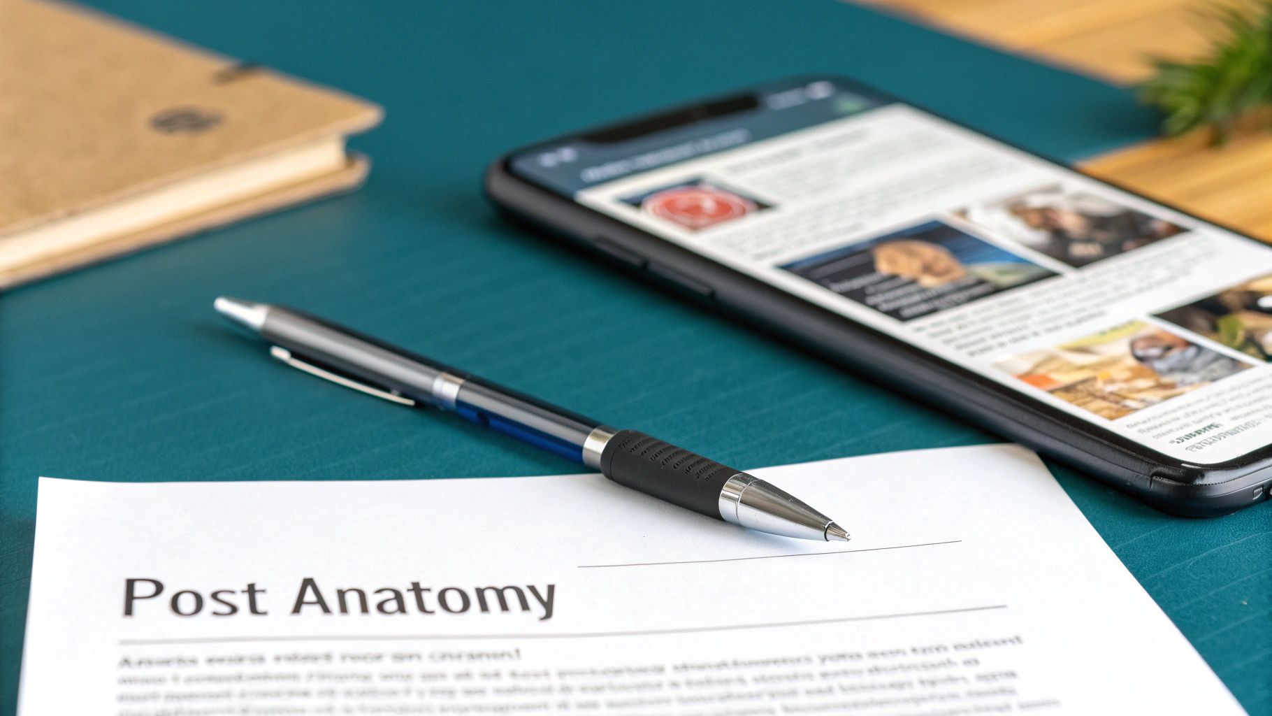 Close-up of a desk with a smartphone displaying articles, a pen, and a document titled 'Post Anatomy'.