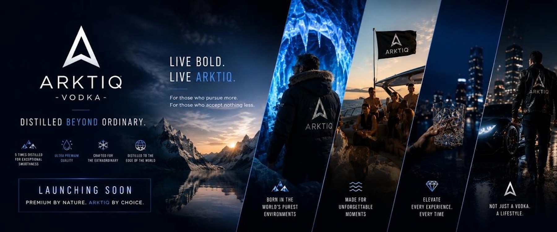 Arktiq Vodka lifestyle campaign featuring icy landscapes, nightlife, luxury experiences, and modern branding.
