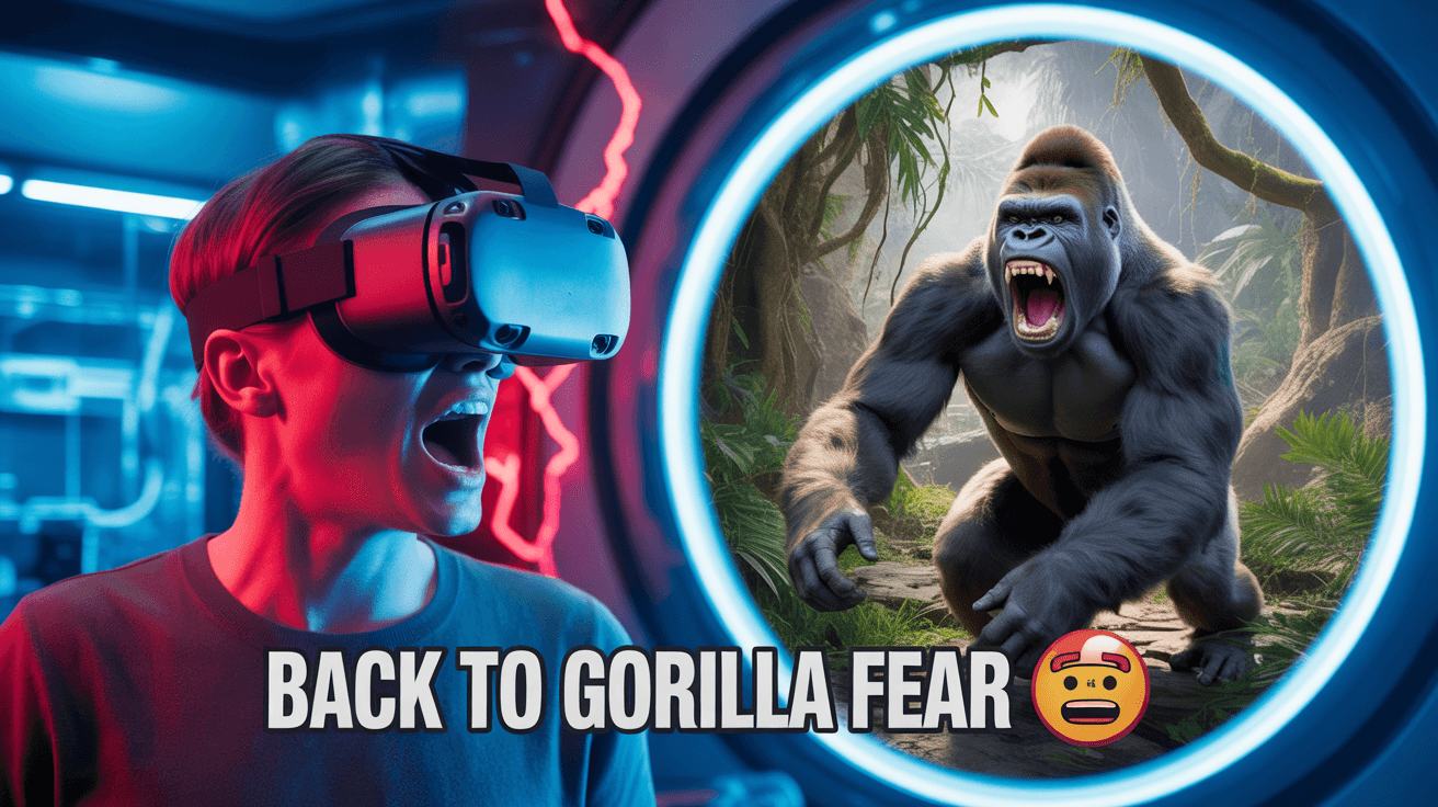 Terrified VR player facing jungle gorilla through glowing portal with BACK TO GORILLA FEAR text