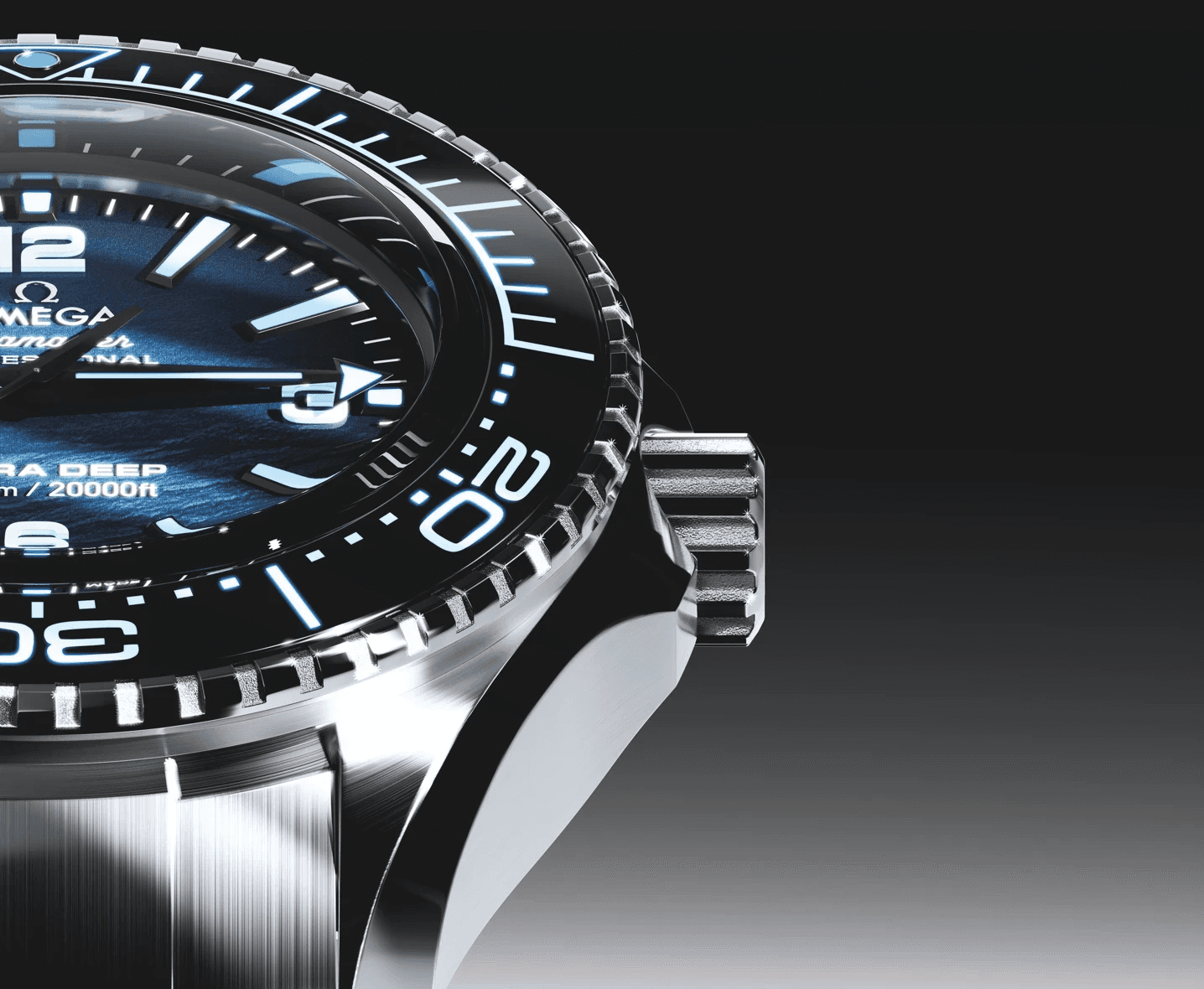 Omega Seamaster watch side view with stainless steel details
