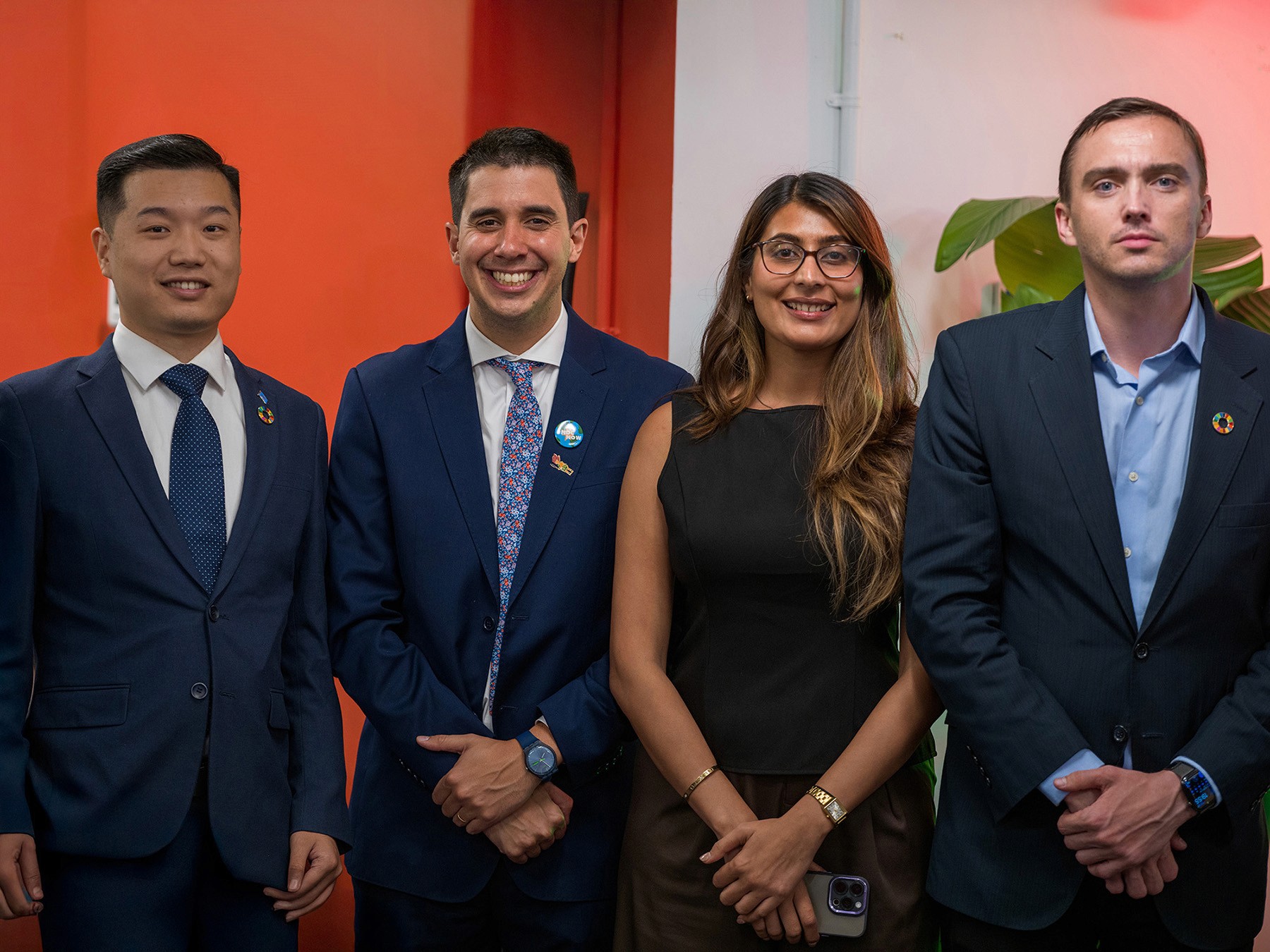 Assistant Secretary-General for Youth Affairs Dr. Felipe Paullier with Artem Shestakov, Priyanka Chahal, and Yulin Wang.
