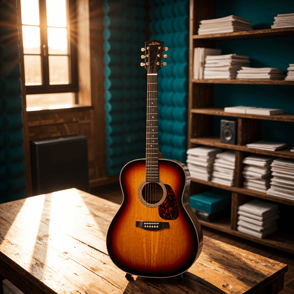 product photography of an acoustic guitar with a sunburst finish, used for music performance