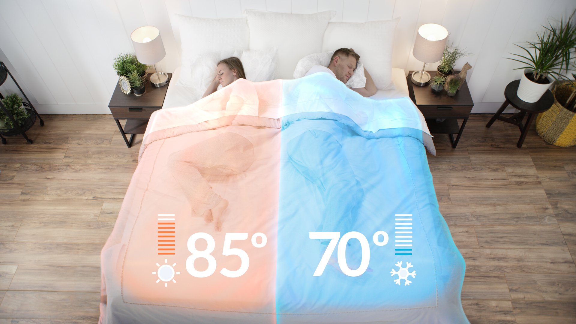 A couple are sleeping at different temperatures thanks to their air-conditioned mattresses.