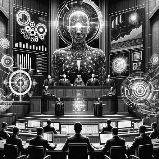 Futuristic courtroom scene in black and white, showcasing lawyers, judges, and AI-powered tools interacting with holographic legal documents and data analysis, symbolizing the integration of AI in revolutionizing legal practices.